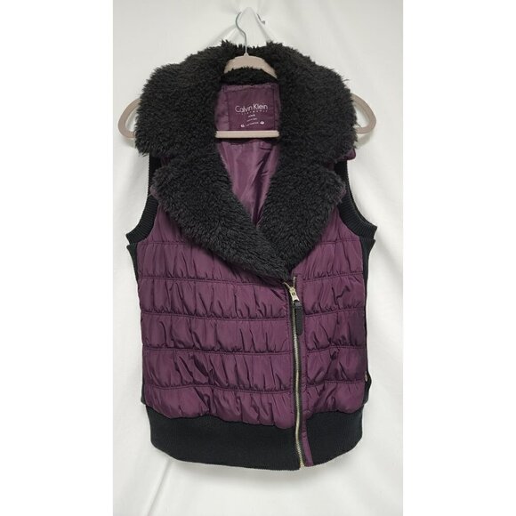 Calvin Klein Purple Puffy Vest w/ Faux Fur M - Picture 1 of 7